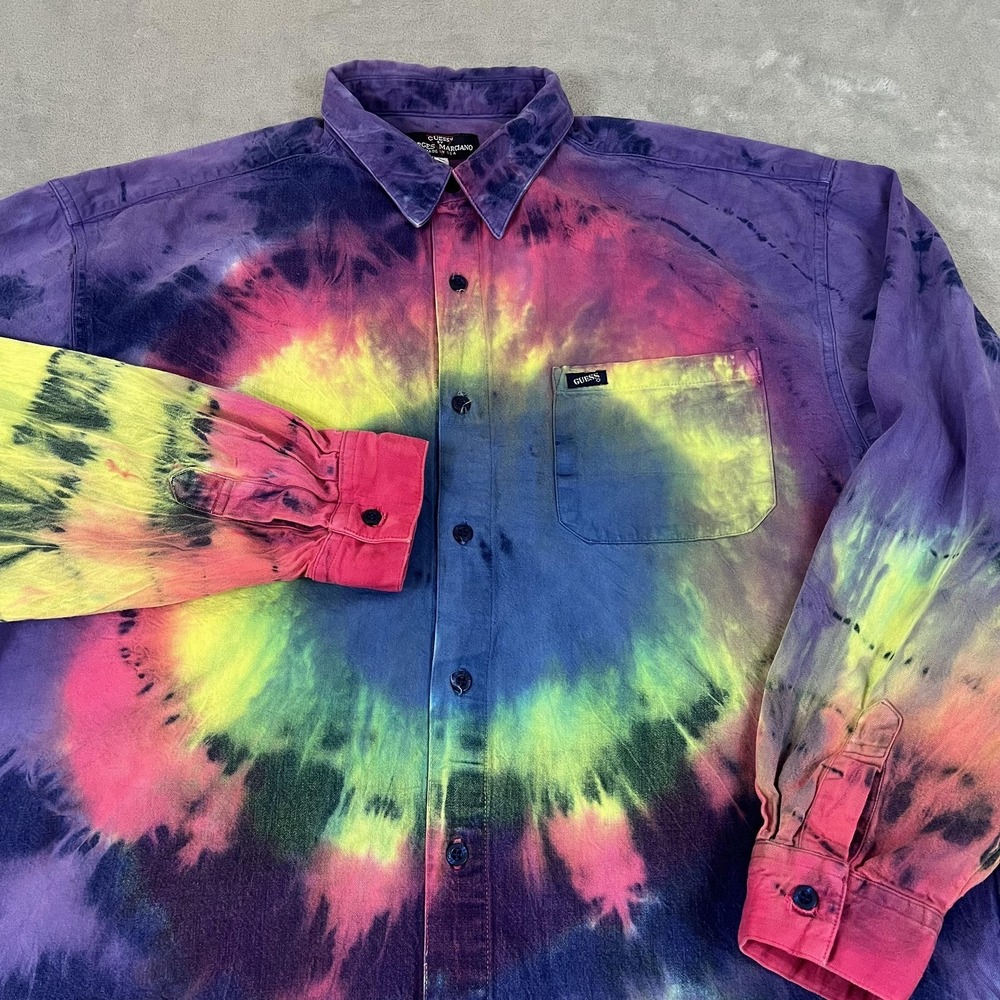 Vintage Guess By Georges Marciano Shirt Mens Large Tie Dye USA Button Up 80s